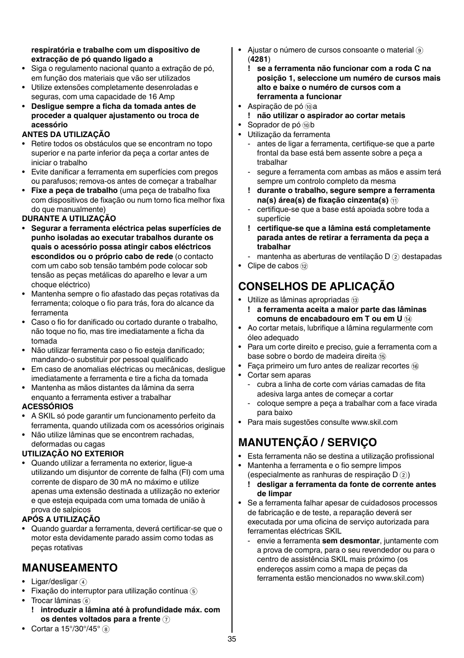 Manuseamento, Conselhos de aplicação, Manutenção / serviço | Skil 4181 AA User Manual | Page 35 / 104