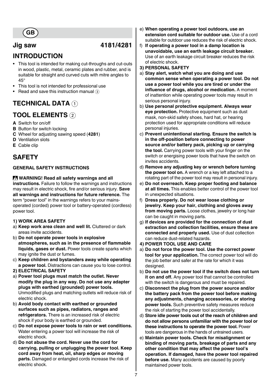 Technical data 1 tool elements 2, Safety | Skil 4181 AA User Manual | Page 7 / 104