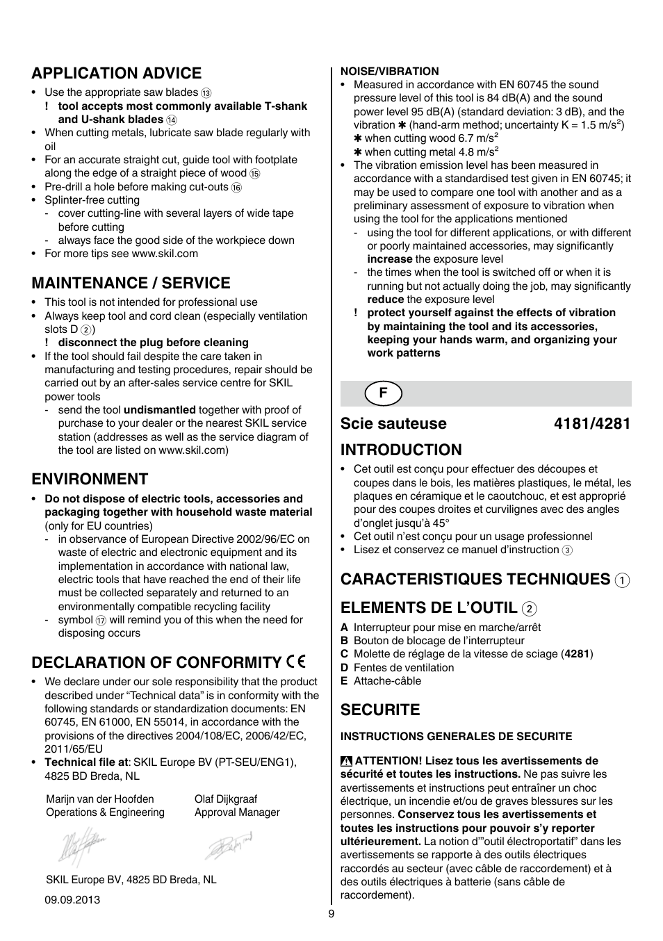 Application advice, Maintenance / service, Environment | Declaration of conformity, Securite | Skil 4181 AA User Manual | Page 9 / 104