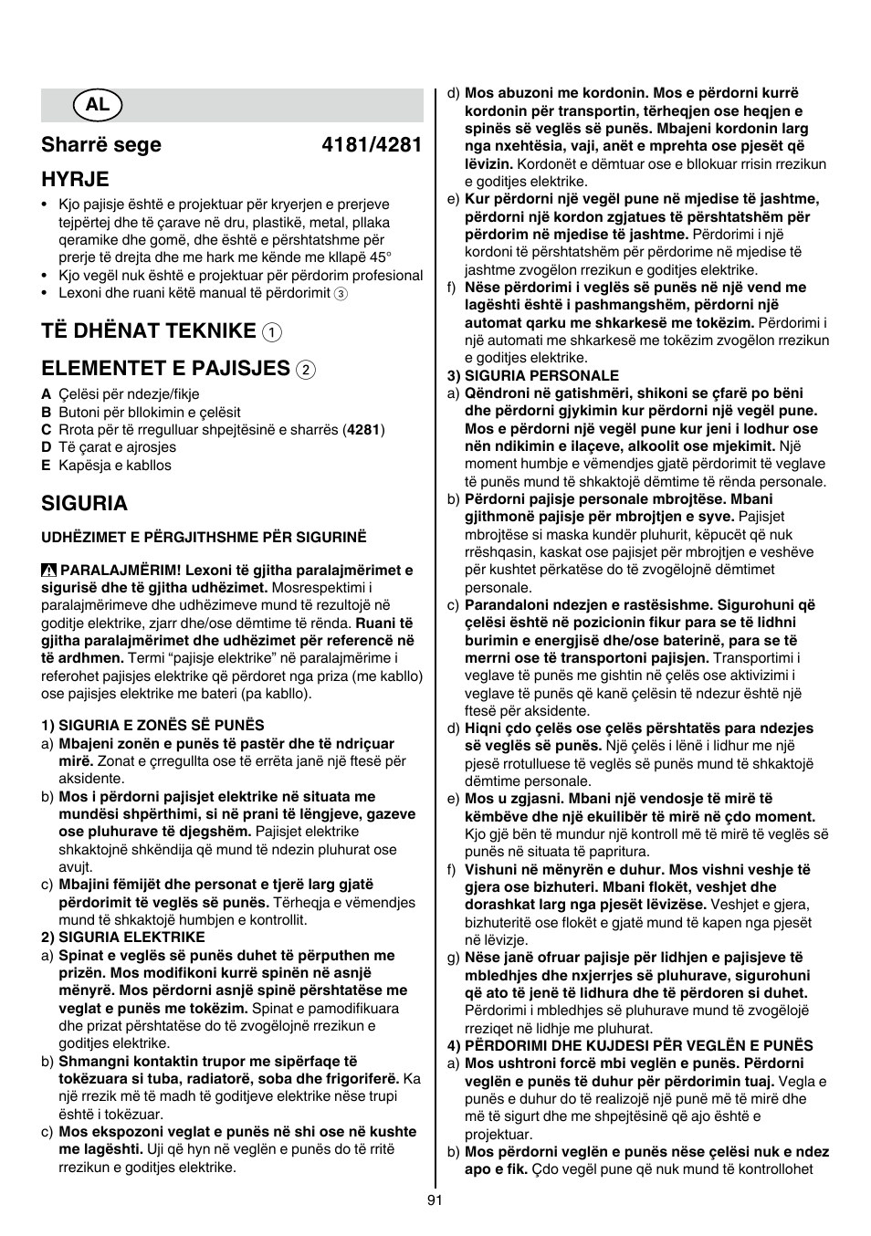 Të dhënat teknike 1 elementet e pajisjes 2, Siguria | Skil 4181 AA User Manual | Page 91 / 104