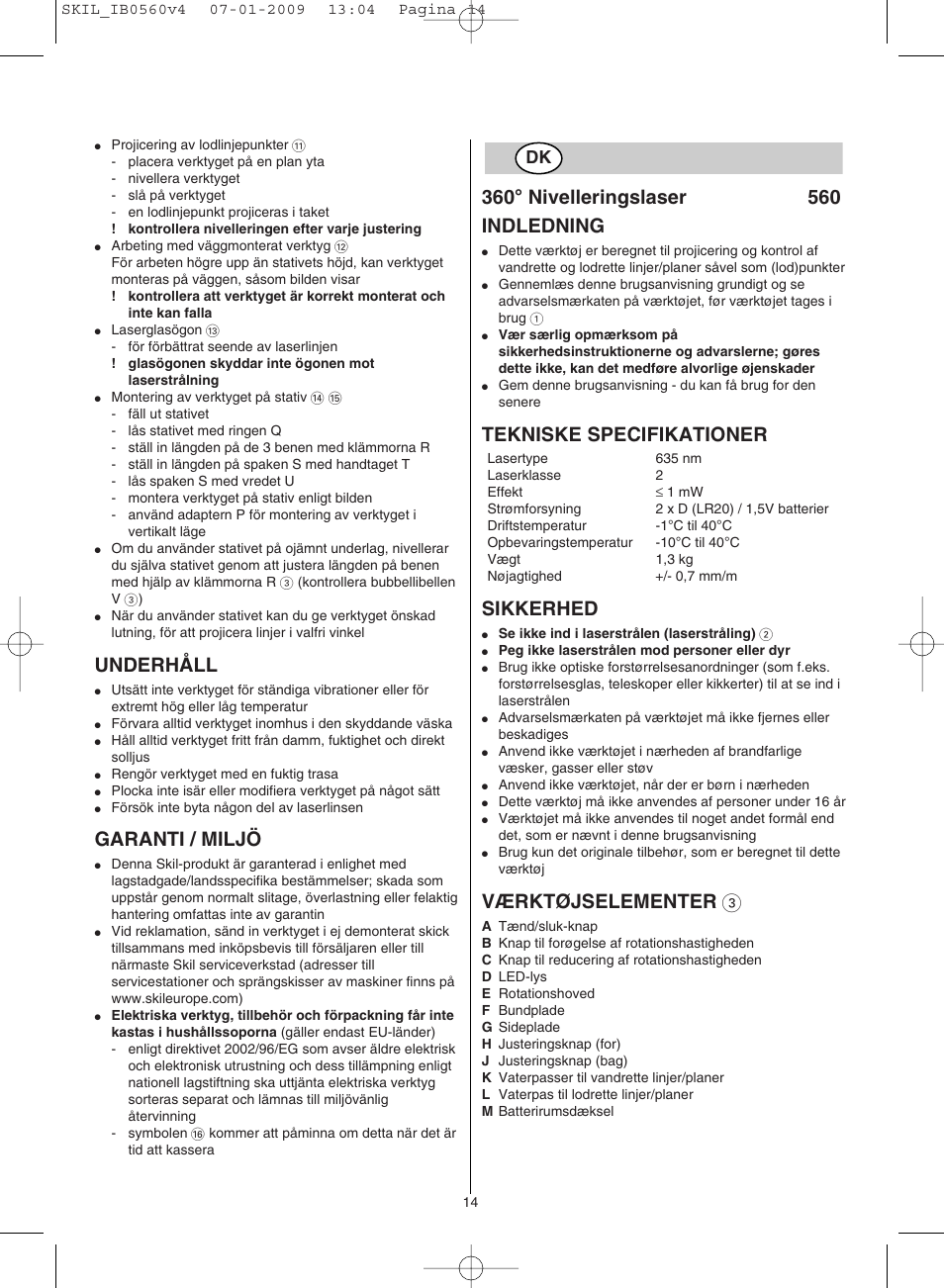 Underhåll, Garanti / miljö, Tekniske specifikationer | Sikkerhed, Værktøjselementer 3 | Skil 0560 AC User Manual | Page 14 / 56