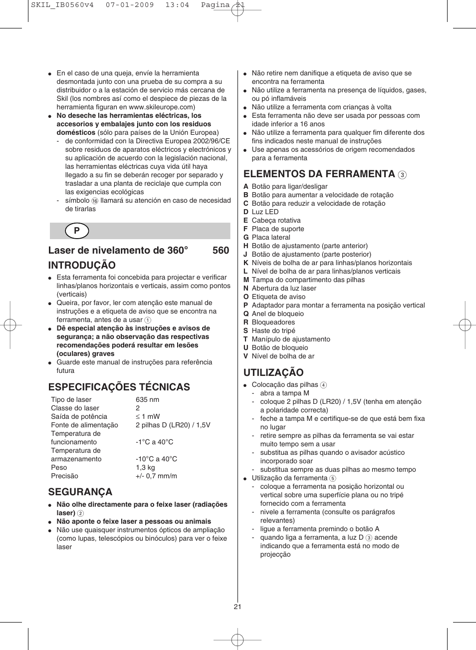 Especificações técnicas, Segurança, Elementos da ferramenta | Utilização | Skil 0560 AC User Manual | Page 21 / 56