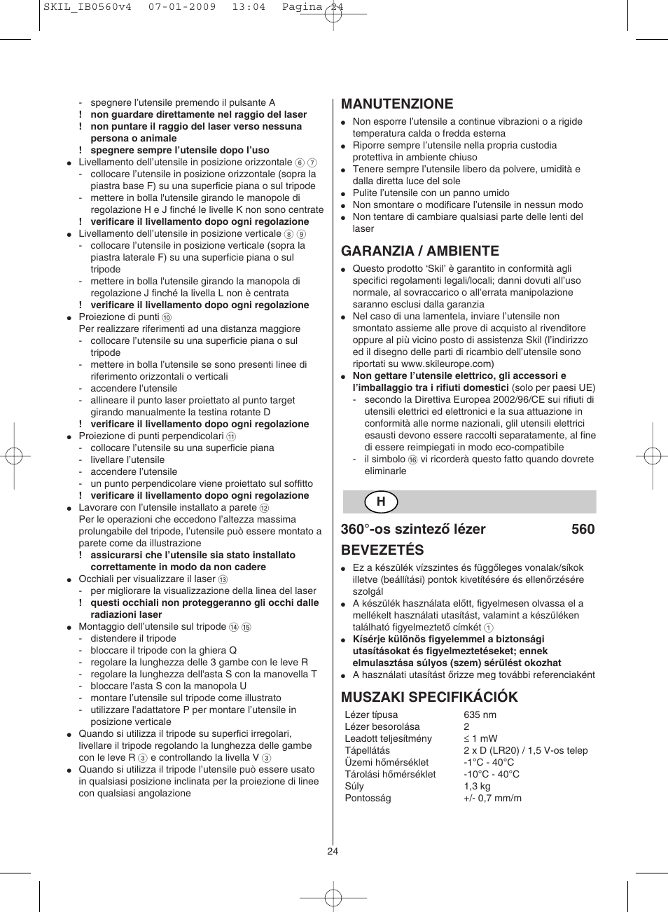 Manutenzione, Garanzia / ambiente, Muszaki specifikációk | Skil 0560 AC User Manual | Page 24 / 56