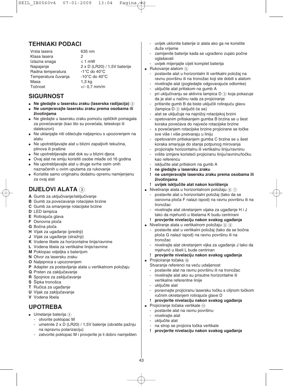 Tehniaki podaci, Sigurnost, Dijelovi alata 3 | Upotreba | Skil 0560 AC User Manual | Page 43 / 56