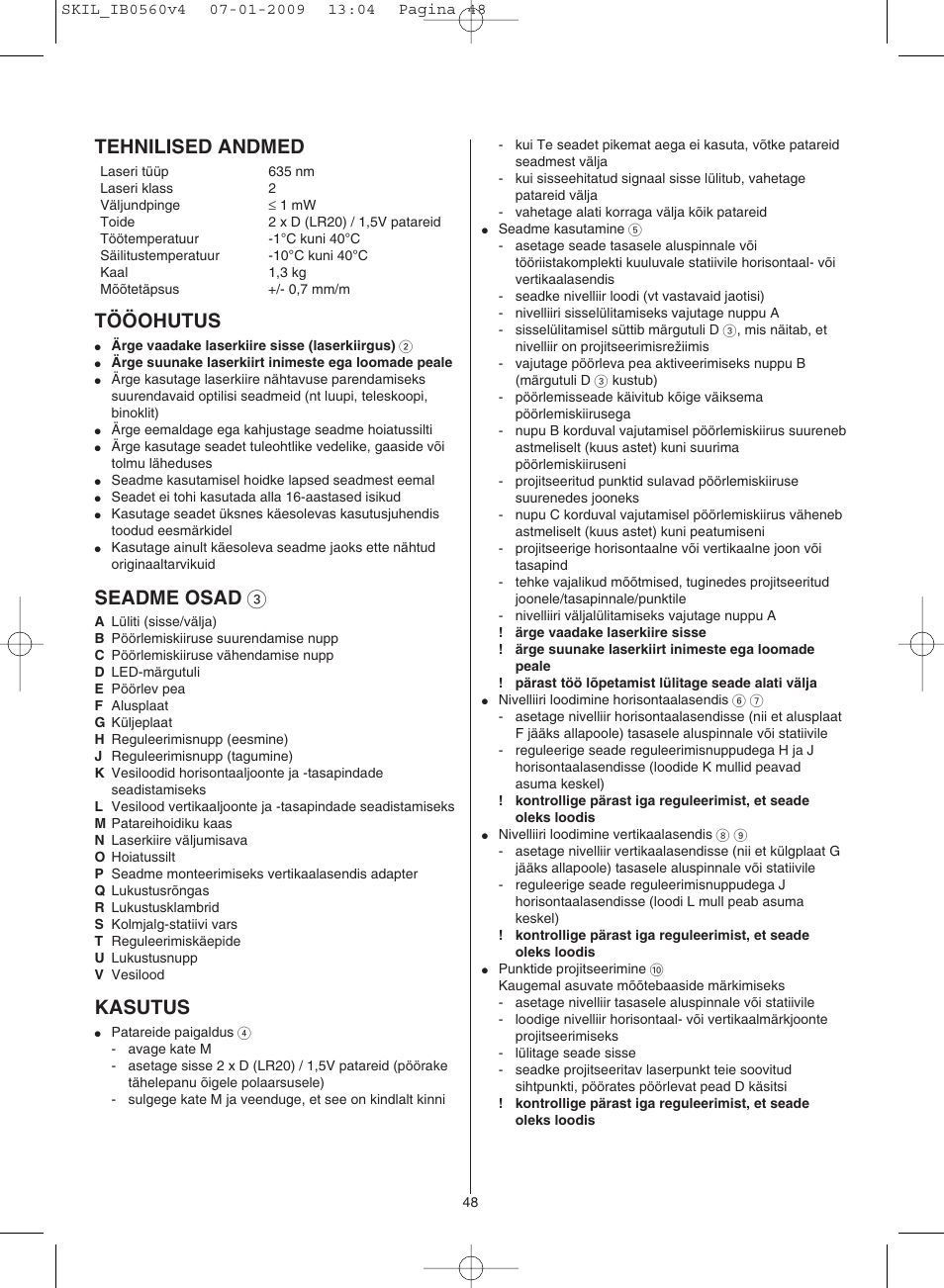 Tehnilised andmed, Tööohutus, Seadme osad 3 | Kasutus | Skil 0560 AC User Manual | Page 48 / 56