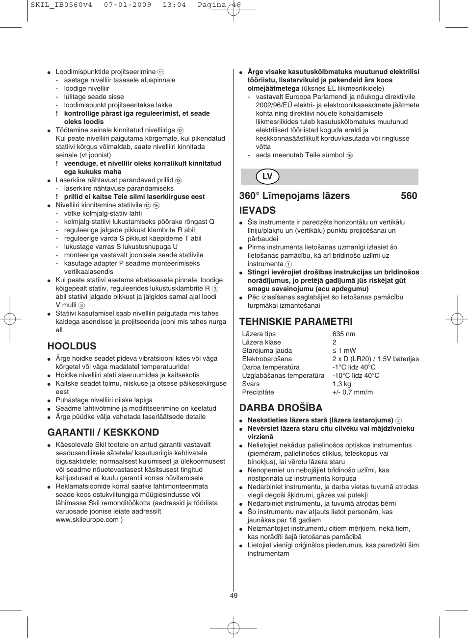 Hooldus, Garantii / keskkond, Tehniskie parametri | Darba dro·±ba | Skil 0560 AC User Manual | Page 49 / 56