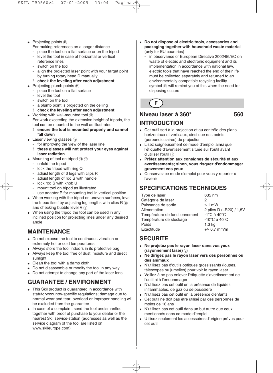 Maintenance, Guarantee / environment, Specifications techniques | Securite | Skil 0560 AC User Manual | Page 7 / 56