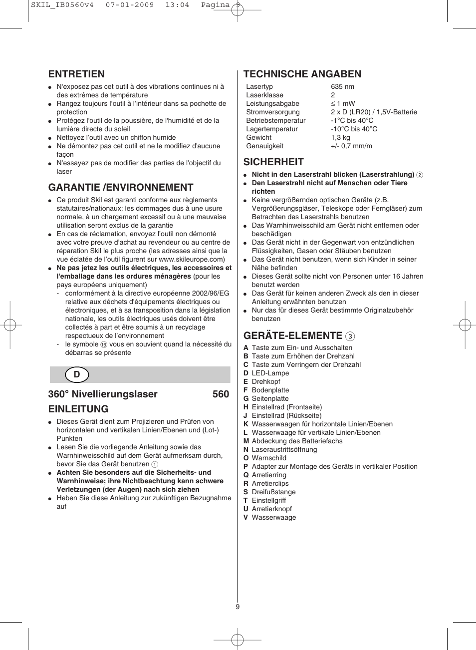 Entretien, Garantie /environnement, Technische angaben | Sicherheit, Geräte-elemente 3 | Skil 0560 AC User Manual | Page 9 / 56