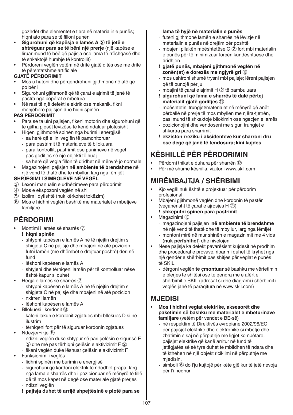 Përdorimi, Këshillë për përdorimin, Mirëmbajtja / shërbimi | Mjedisi | Skil 0788 AA (Lynx) User Manual | Page 107 / 120