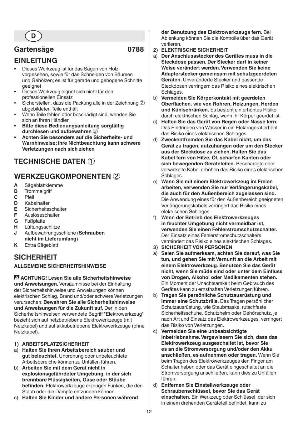 Gartensäge 0788 einleitung, Technische daten ① werkzeugkomponenten, Sicherheit | Skil 0788 AA (Lynx) User Manual | Page 12 / 120