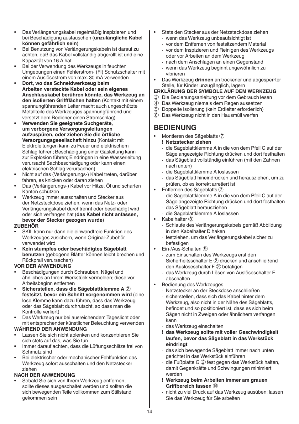 Bedienung | Skil 0788 AA (Lynx) User Manual | Page 14 / 120