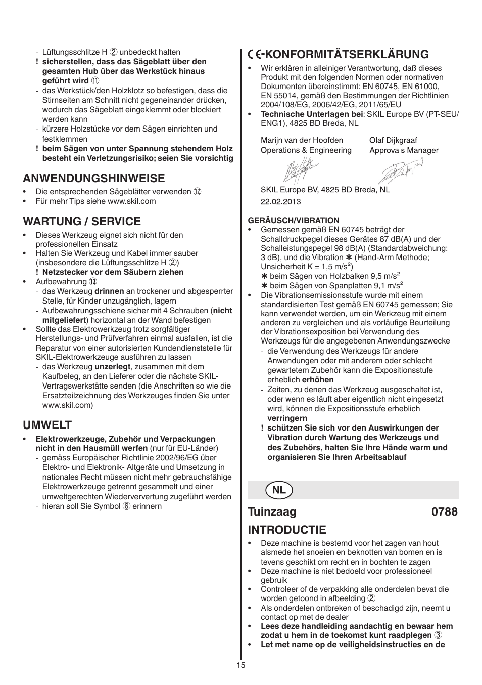 Anwendungshinweise, Wartung / service, Umwelt | Konformitätserklärung, Tuinzaag 0788 introductie | Skil 0788 AA (Lynx) User Manual | Page 15 / 120