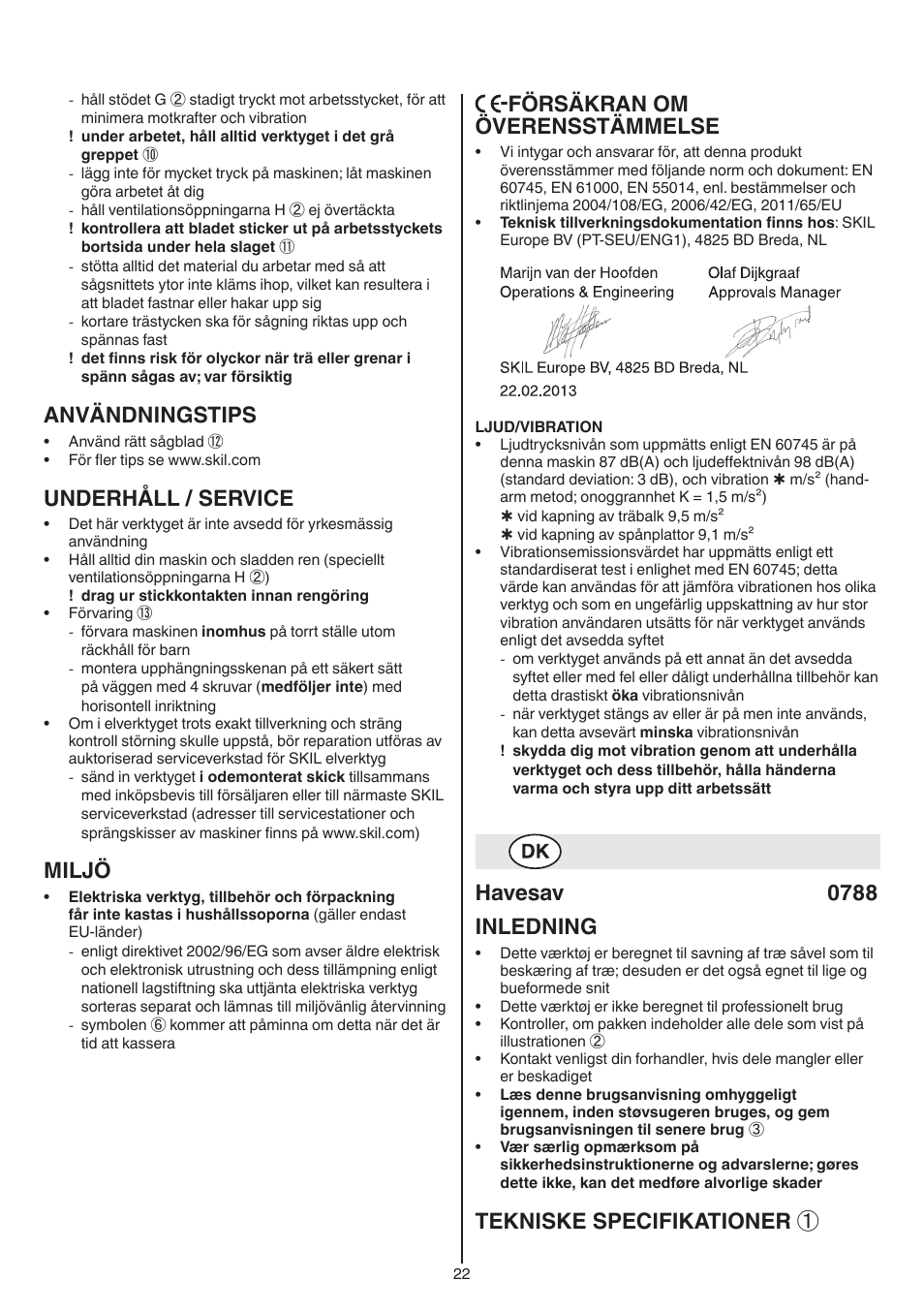Användningstips, Underhåll / service, Miljö | Försäkran om överensstämmelse, Havesav 0788 inledning, Tekniske specifikationer | Skil 0788 AA (Lynx) User Manual | Page 22 / 120