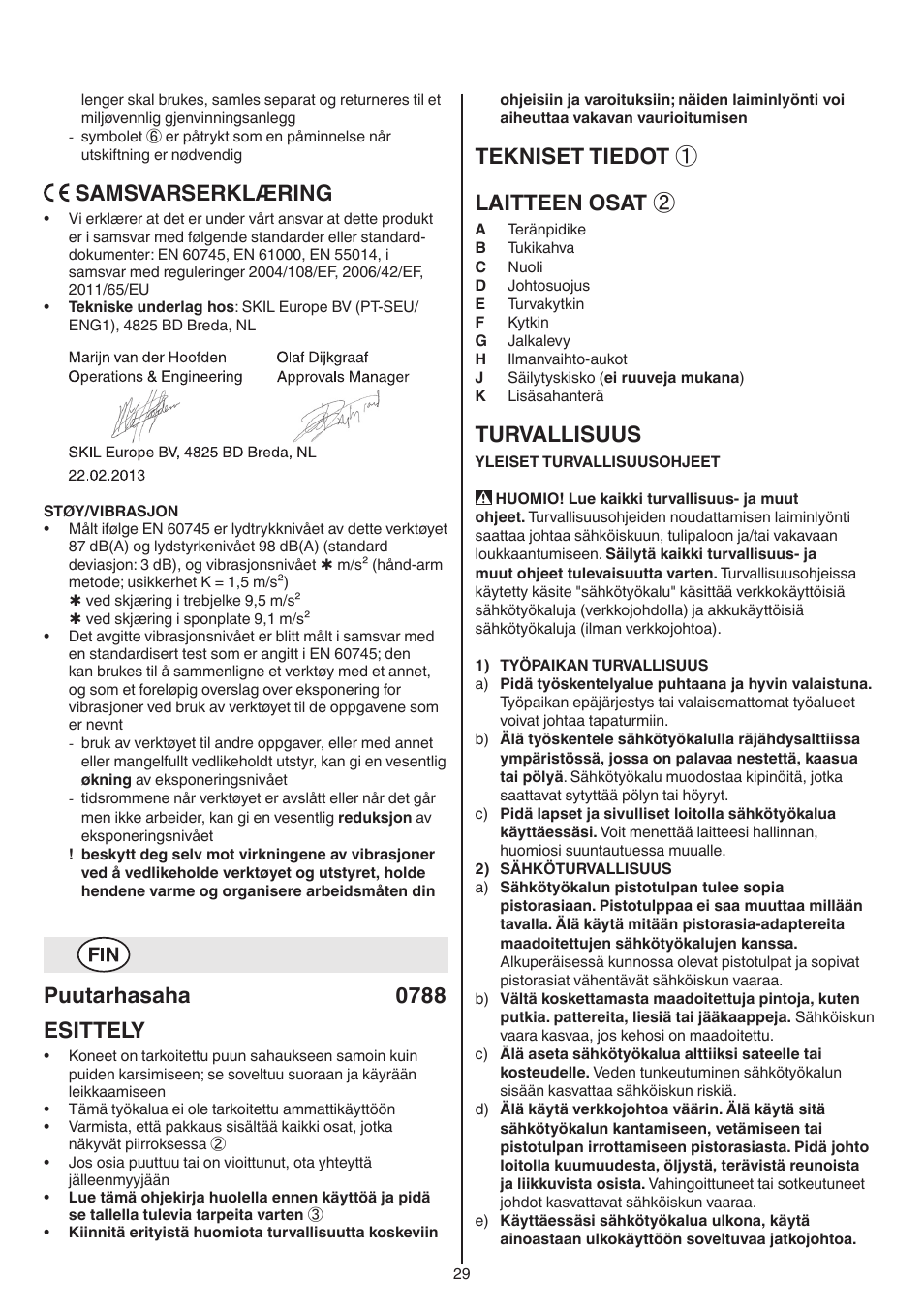 Samsvarserklæring, Puutarhasaha 0788 esittely, Tekniset tiedot ① laitteen osat | Turvallisuus | Skil 0788 AA (Lynx) User Manual | Page 29 / 120