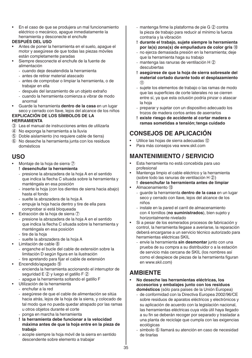 Consejos de aplicación, Mantenimiento / servicio, Ambiente | Skil 0788 AA (Lynx) User Manual | Page 35 / 120