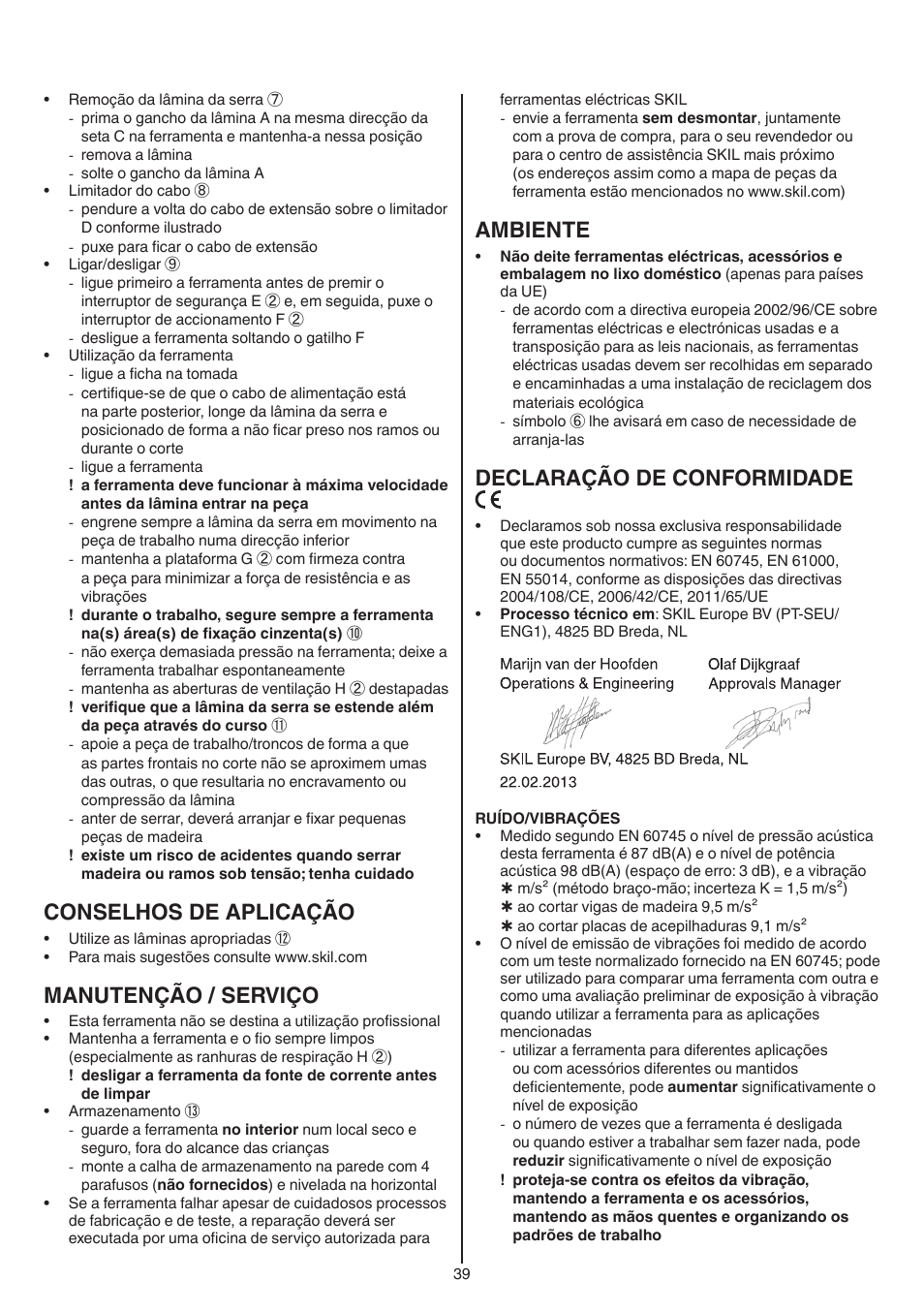 Conselhos de aplicação, Manutenção / serviço, Ambiente | Declaração de conformidade | Skil 0788 AA (Lynx) User Manual | Page 39 / 120