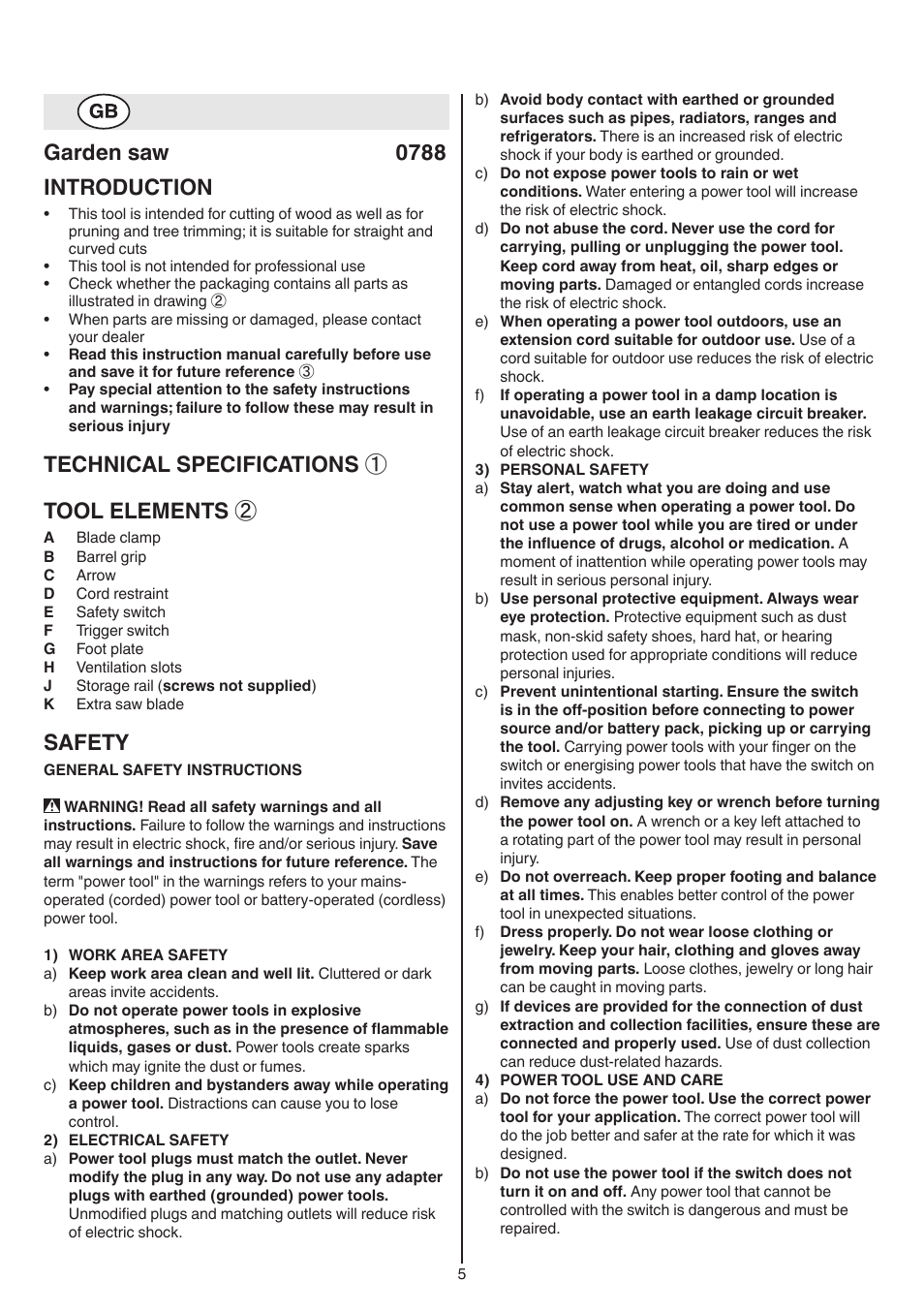 Garden saw 0788 introduction, Technical specifications ① tool elements, Safety | Skil 0788 AA (Lynx) User Manual | Page 5 / 120