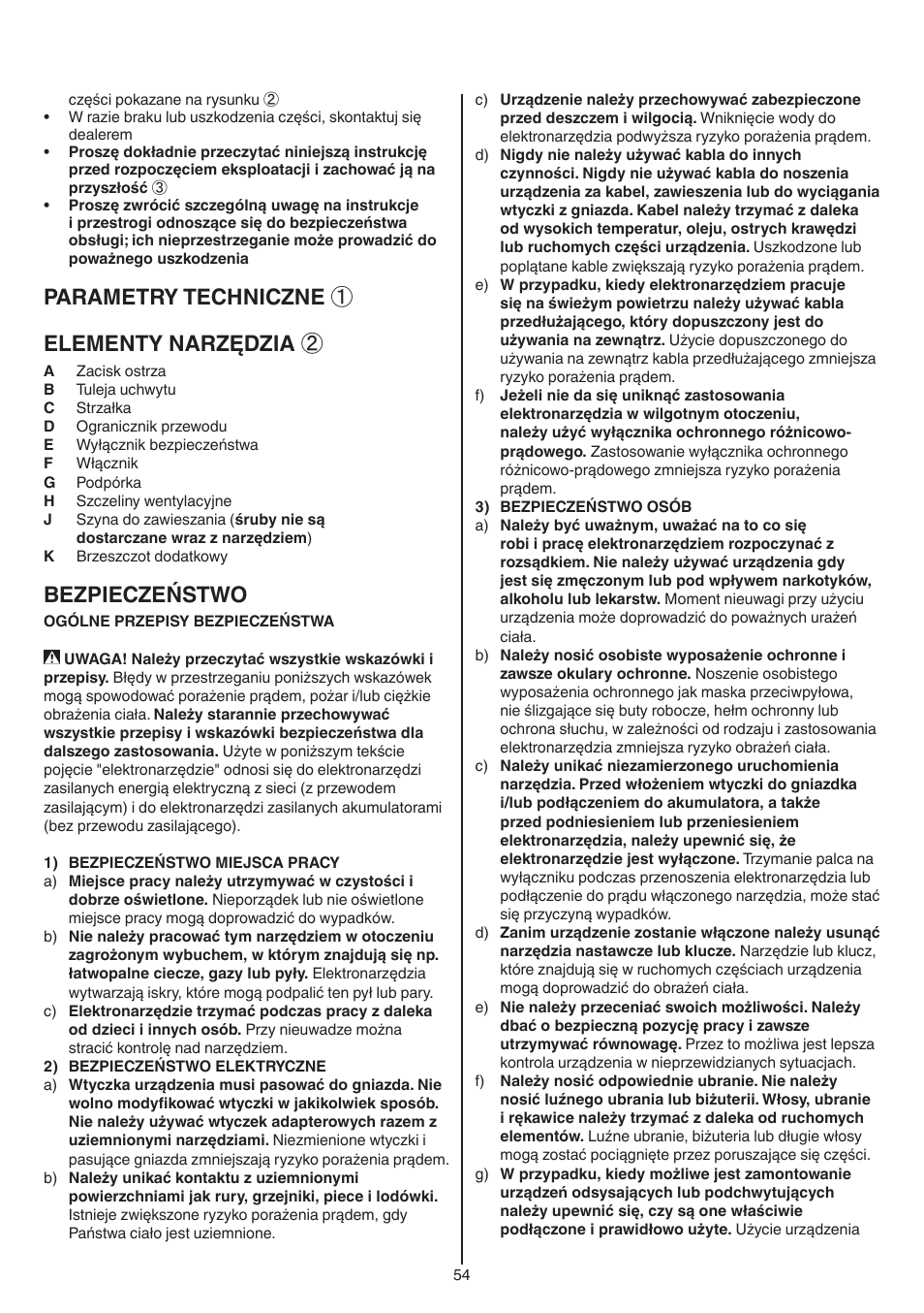 Parametry techniczne ① elementy narzędzia, Bezpieczeństwo | Skil 0788 AA (Lynx) User Manual | Page 54 / 120