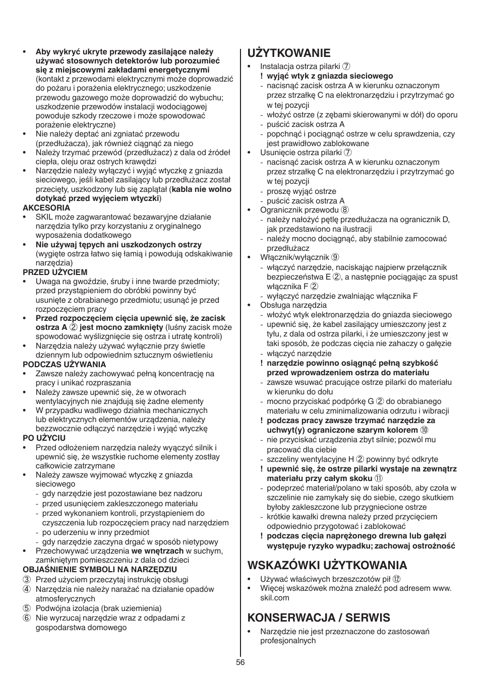 Użytkowanie, Wskazówki użytkowania, Konserwacja / serwis | Skil 0788 AA (Lynx) User Manual | Page 56 / 120