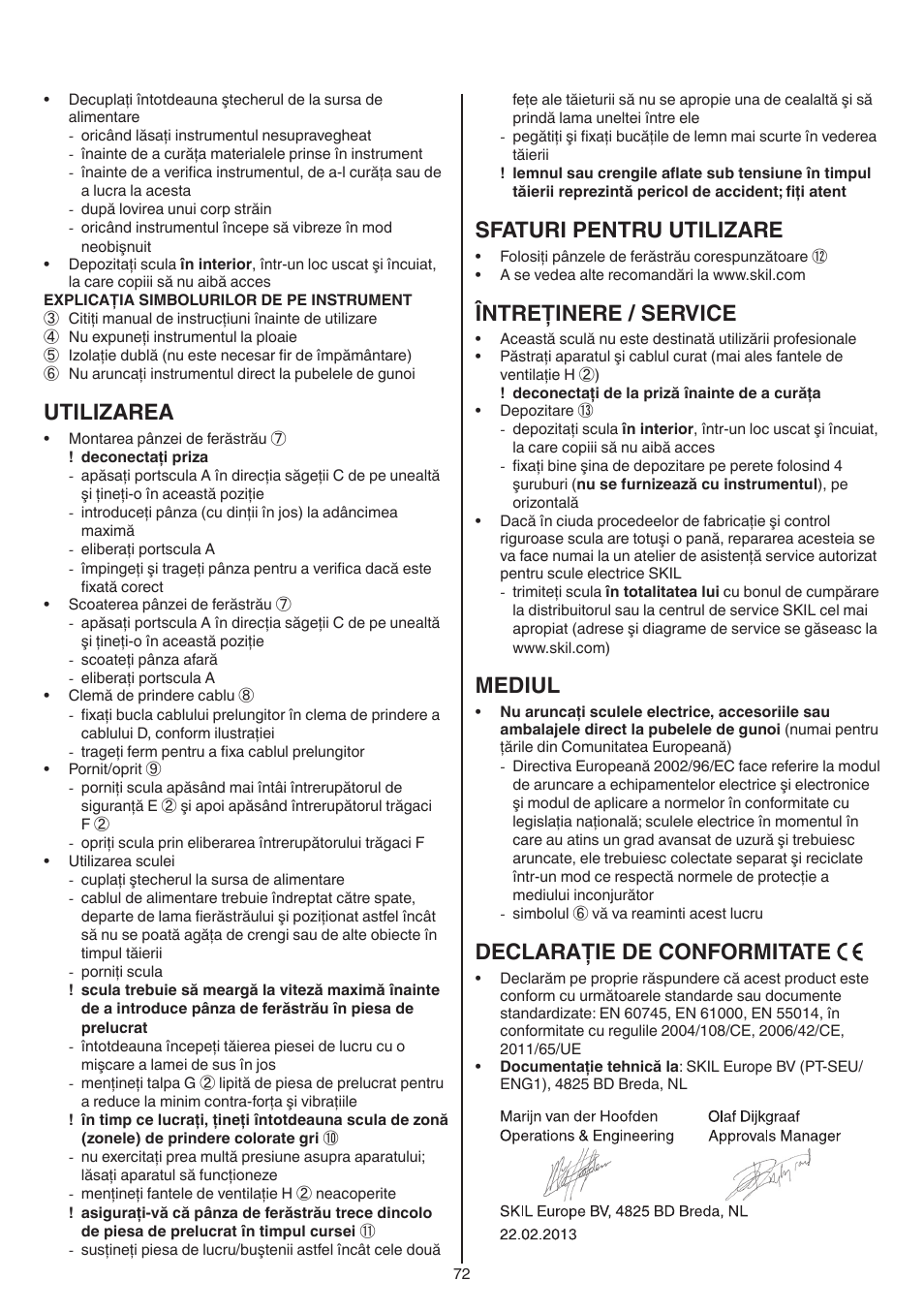 Utilizarea, Sfaturi pentru utilizare, Întreţinere / service | Mediul, Declaraţie de conformitate | Skil 0788 AA (Lynx) User Manual | Page 72 / 120