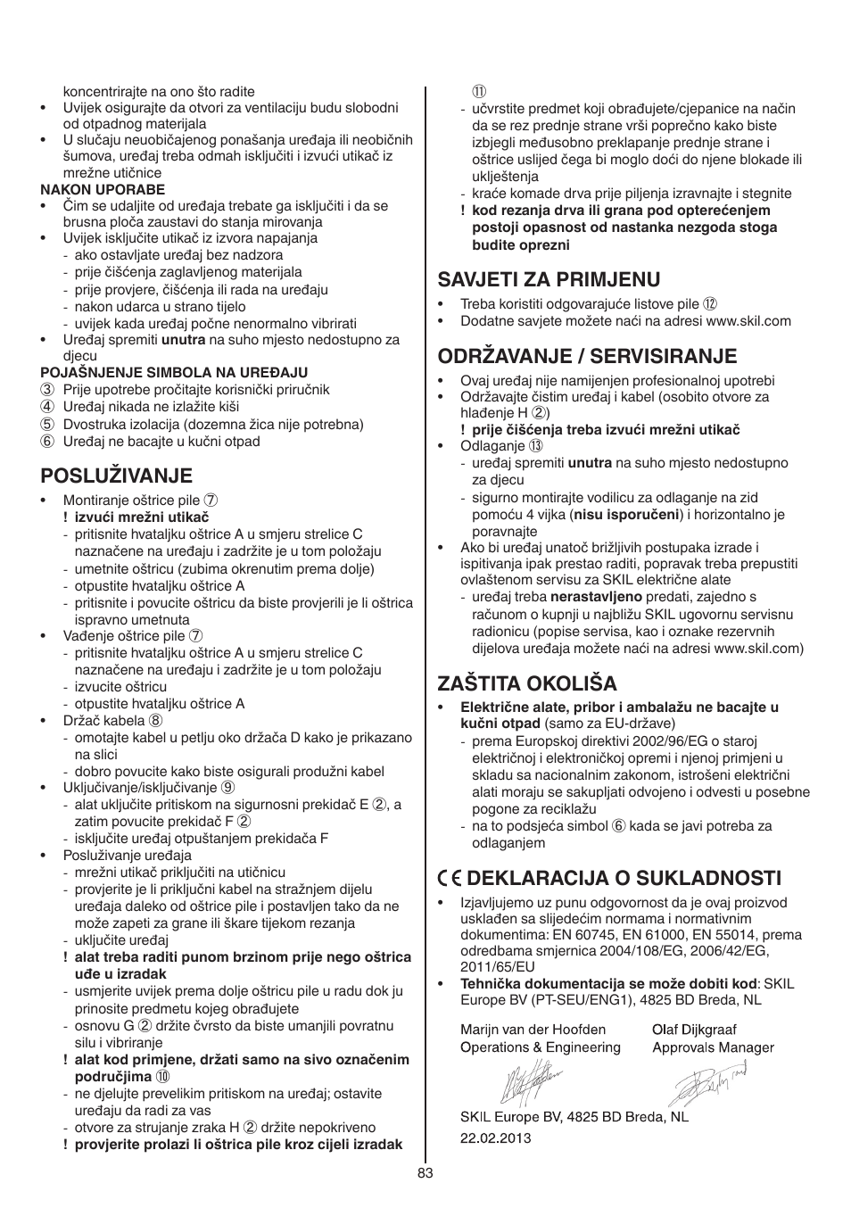Posluživanje, Savjeti za primjenu, Održavanje / servisiranje | Zaštita okoliša, Deklaracija o sukladnosti | Skil 0788 AA (Lynx) User Manual | Page 83 / 120