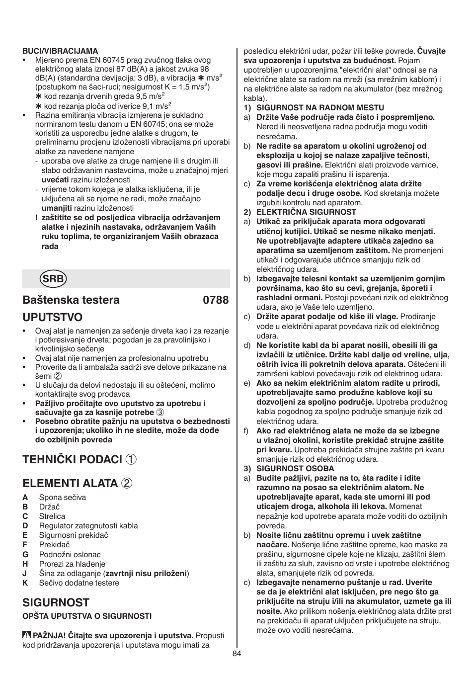 Baštenska testera 0788 uputstvo, Tehnički podaci ① elementi alata, Sigurnost | Skil 0788 AA (Lynx) User Manual | Page 84 / 120