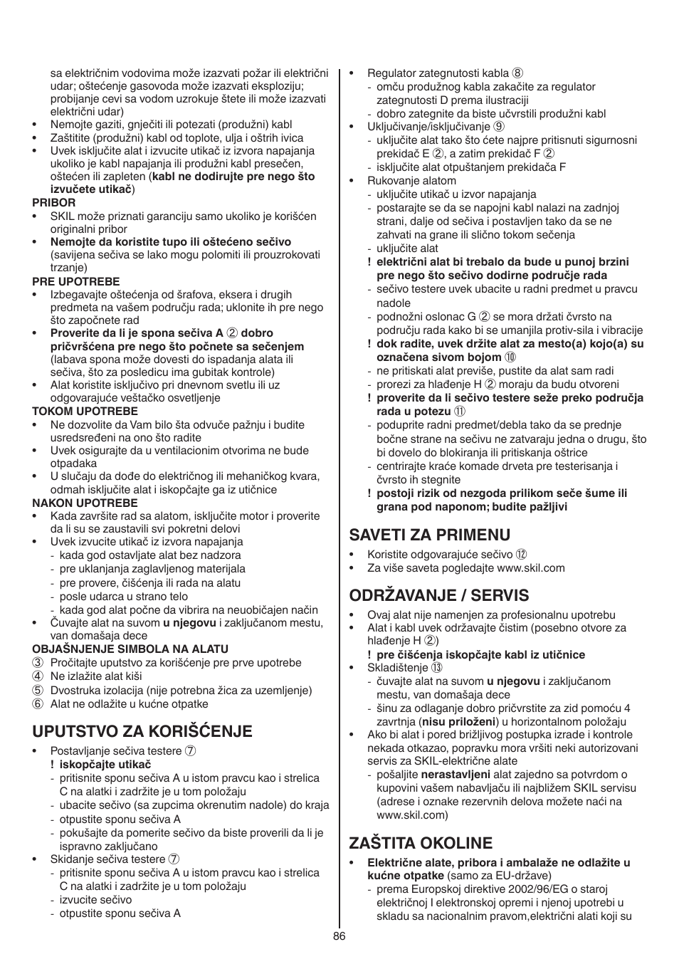 Uputstvo za korišćenje, Saveti za primenu, Održavanje / servis | Zaštita okoline | Skil 0788 AA (Lynx) User Manual | Page 86 / 120