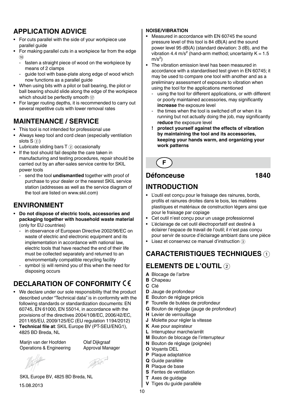 Application advice, Maintenance / service, Environment | Declaration of conformity, Défonceuse 1840 introduction | Skil 1840 AD User Manual | Page 10 / 140