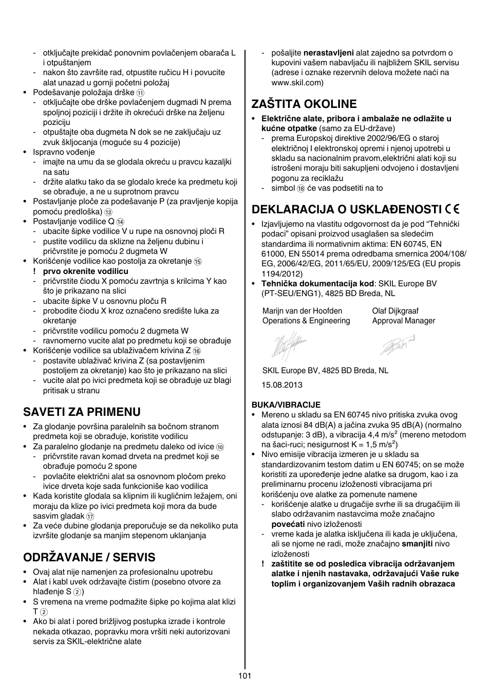 Saveti za primenu, Održavanje / servis, Zaštita okoline | Deklaracija o usklađenosti | Skil 1840 AD User Manual | Page 101 / 140