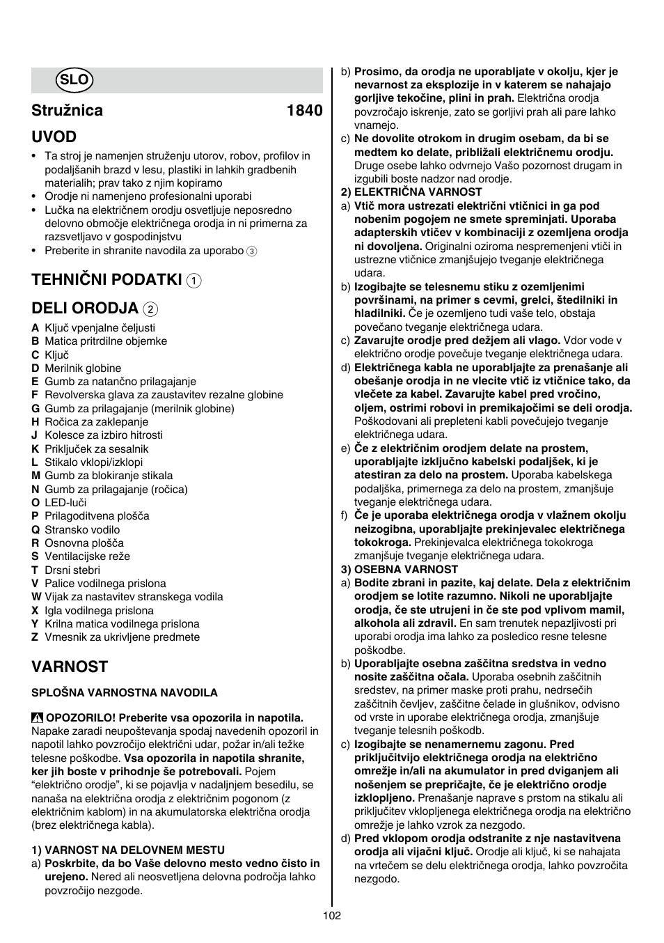 Stružnica 1840 uvod, Tehnični podatki 1 deli orodja 2, Varnost | Skil 1840 AD User Manual | Page 102 / 140
