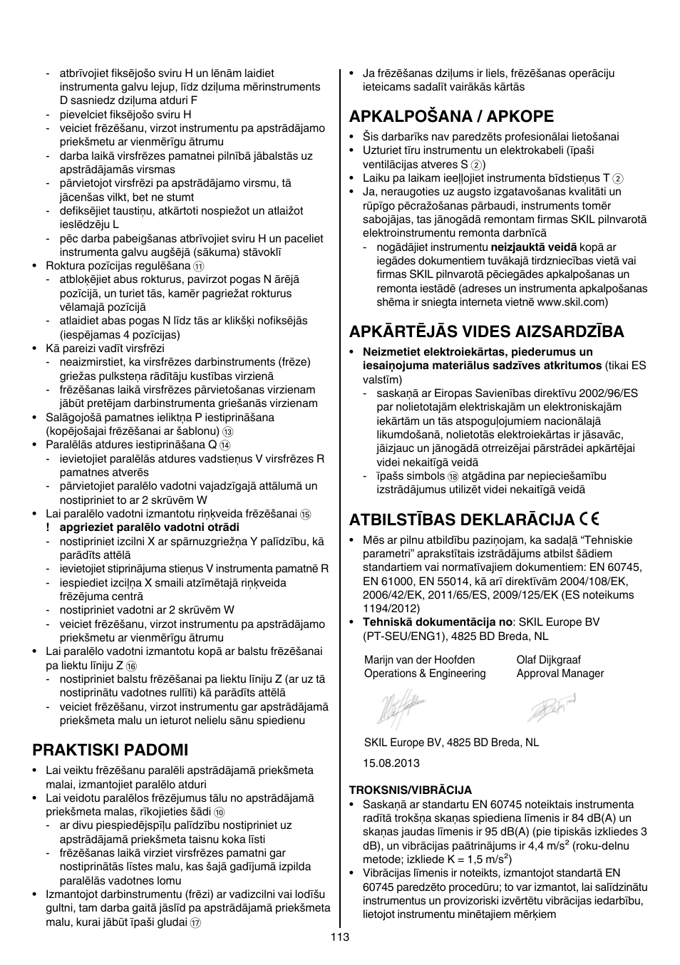 Praktiski padomi, Apkalpošana / apkope, Apkārtējās vides aizsardzība | Atbilstības deklarācija | Skil 1840 AD User Manual | Page 113 / 140