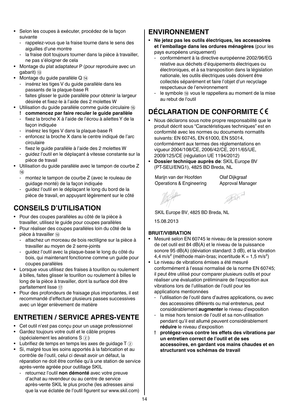 Conseils d’utilisation, Entretien / service apres-vente, Environnement | Déclaration de conformite | Skil 1840 AD User Manual | Page 14 / 140