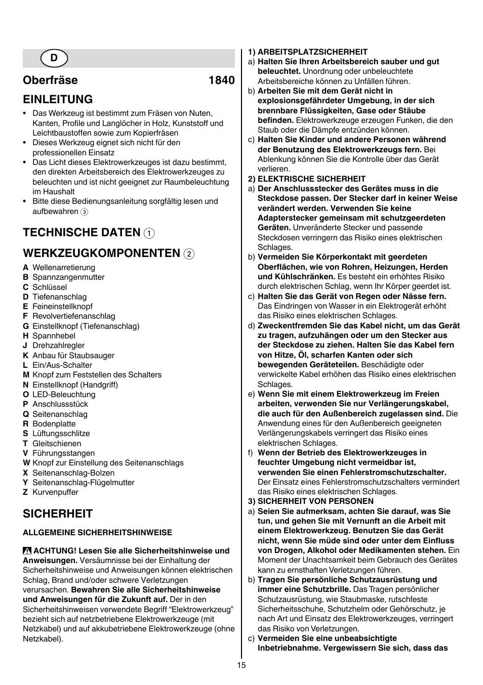 Oberfräse 1840 einleitung, Technische daten 1 werkzeugkomponenten 2, Sicherheit | Skil 1840 AD User Manual | Page 15 / 140