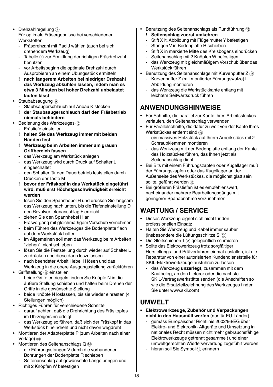 Anwendungshinweise, Wartung / service, Umwelt | Skil 1840 AD User Manual | Page 18 / 140