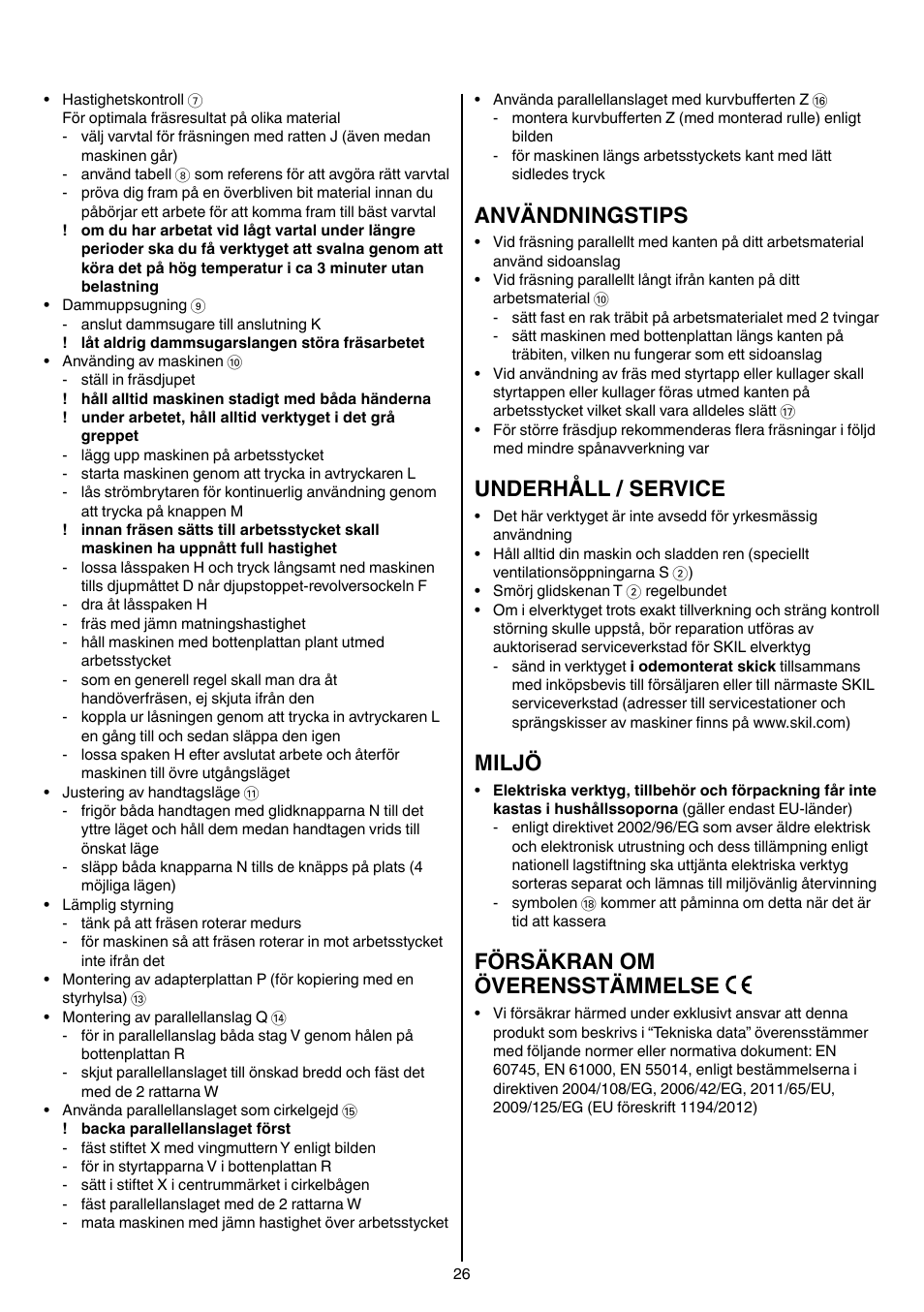 Användningstips, Underhåll / service, Miljö | Försäkran om överensstämmelse | Skil 1840 AD User Manual | Page 26 / 140