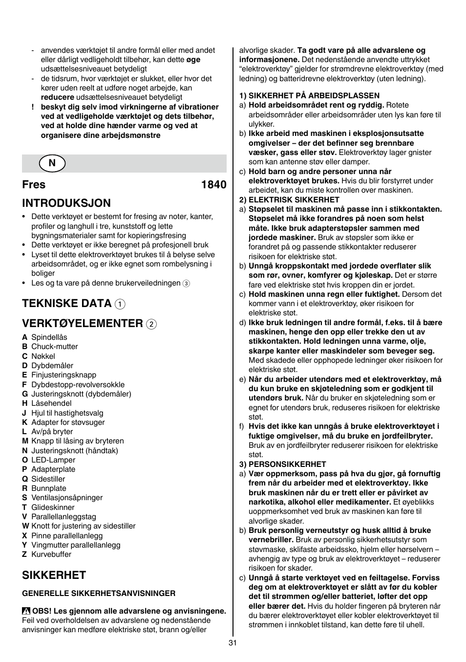 Fres 1840 introduksjon, Tekniske data 1 verktøyelementer 2, Sikkerhet | Skil 1840 AD User Manual | Page 31 / 140
