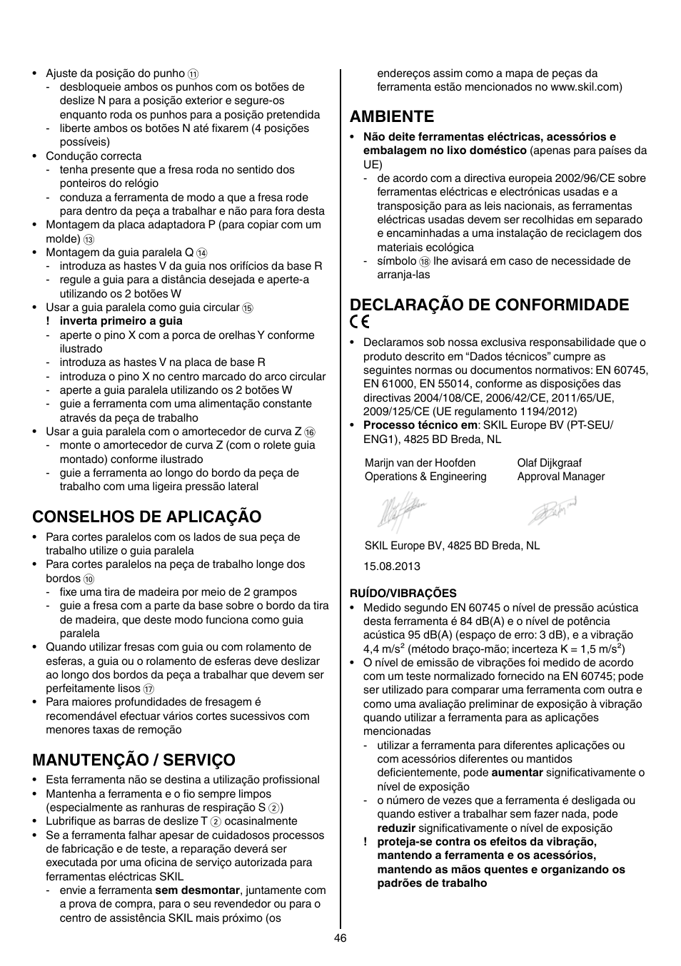 Conselhos de aplicação, Manutenção / serviço, Ambiente | Declaração de conformidade | Skil 1840 AD User Manual | Page 46 / 140