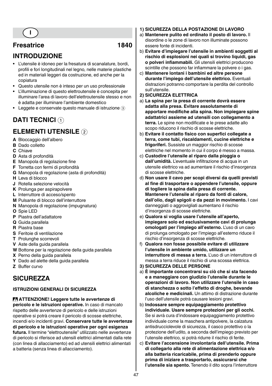 Fresatrice 1840 introduzione, Dati tecnici 1 elementi utensile 2, Sicurezza | Skil 1840 AD User Manual | Page 47 / 140
