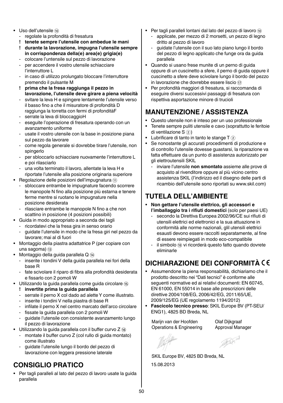 Consiglio pratico, Manutenzione / assistenza, Tutela dell’ambiente | Dichiarazione dei conformità | Skil 1840 AD User Manual | Page 50 / 140