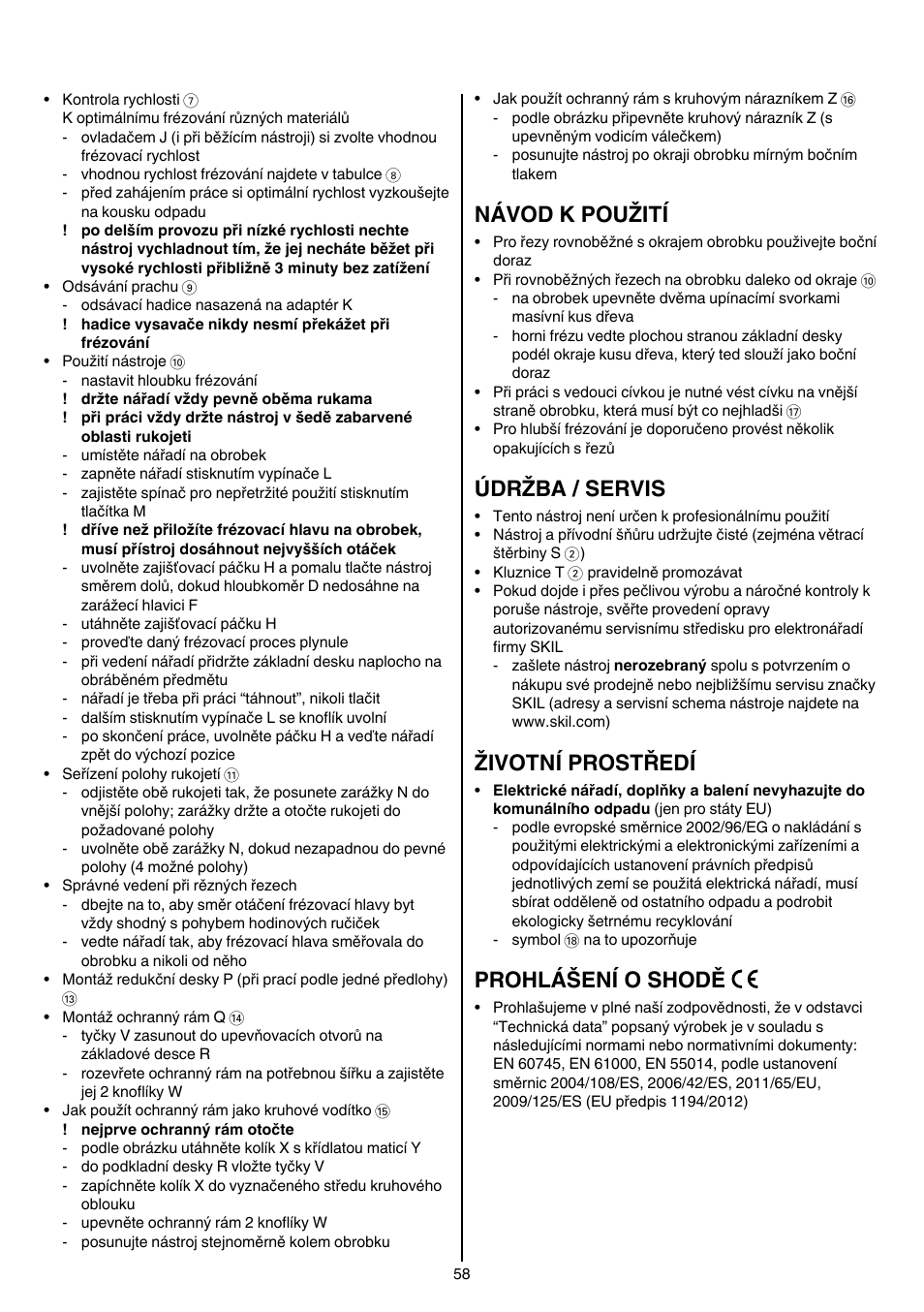Návod k použití, Údržba / servis, Životní prostředí | Prohlášení o shodě | Skil 1840 AD User Manual | Page 58 / 140
