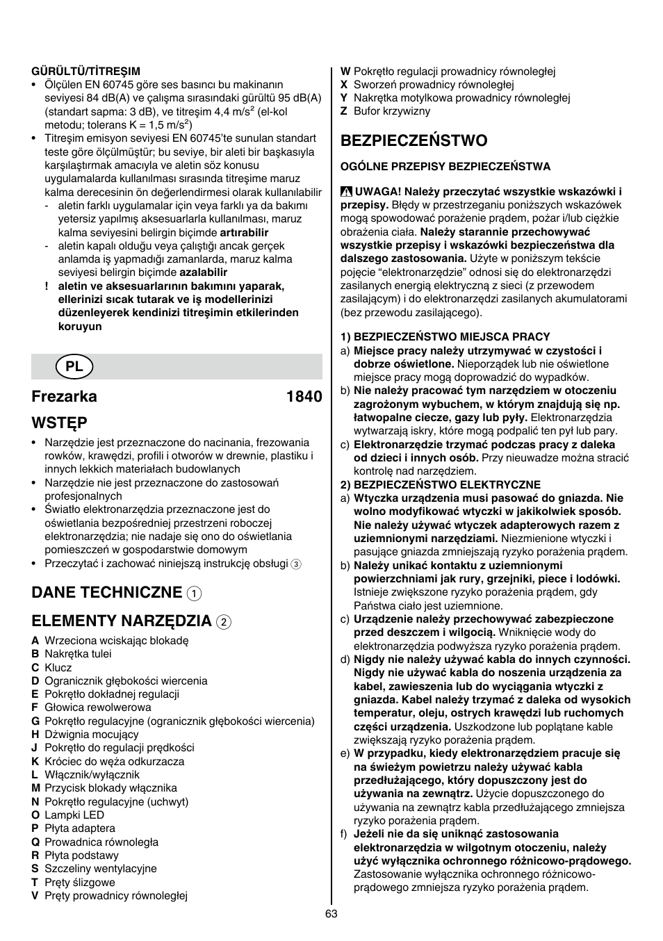 Frezarka 1840 wstęp, Dane techniczne 1 elementy narzędzia 2, Bezpieczeństwo | Skil 1840 AD User Manual | Page 63 / 140