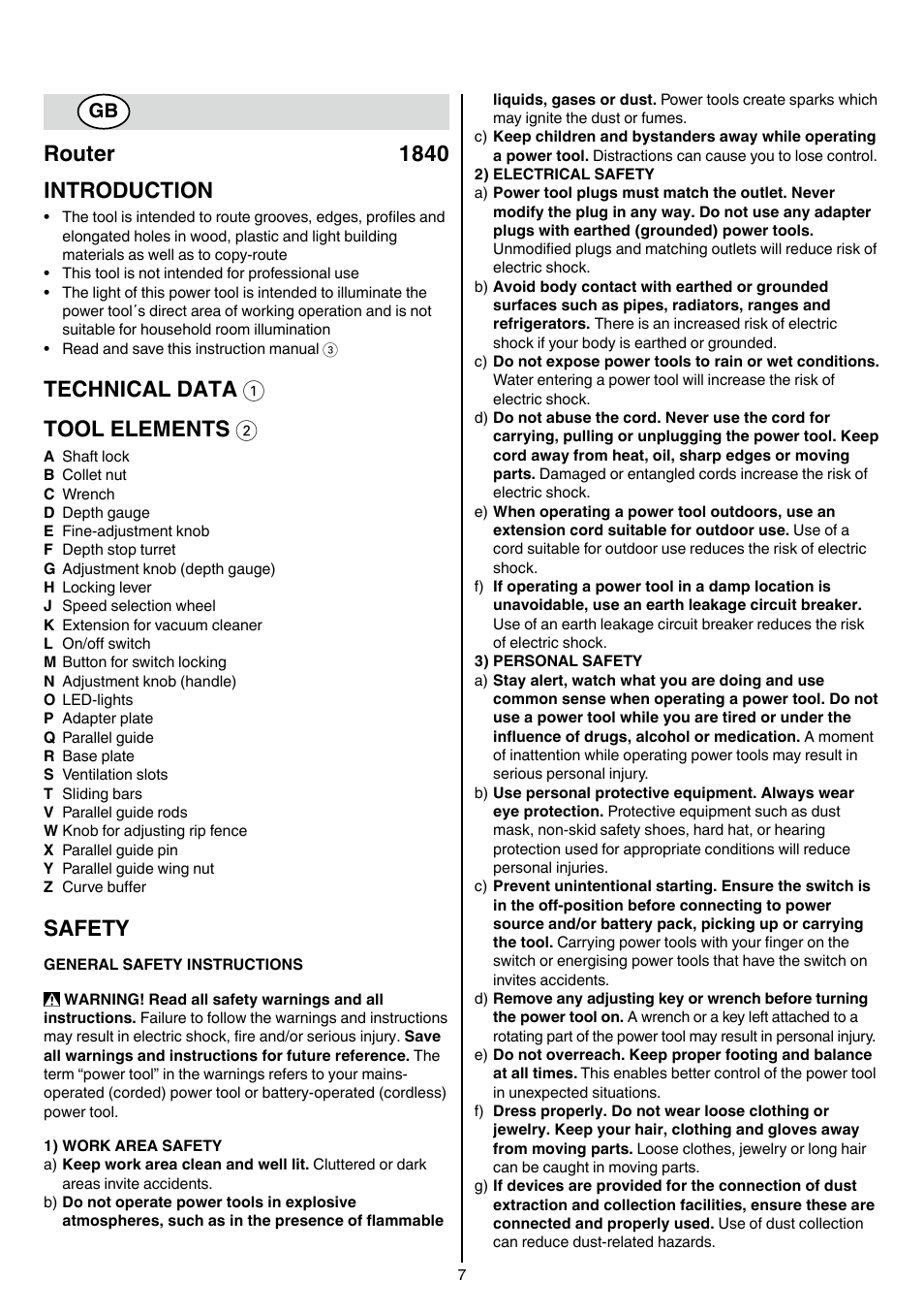Router 1840 introduction, Technical data 1 tool elements 2, Safety | Skil 1840 AD User Manual | Page 7 / 140