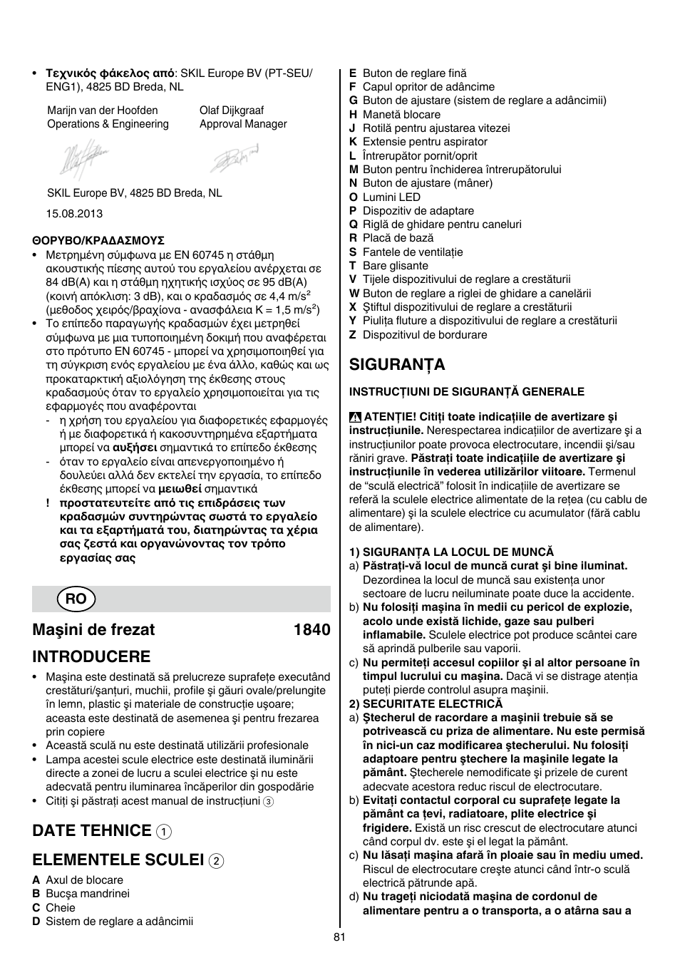 Maşini de frezat 1840 introducere, Date tehnice 1 elementele sculei 2, Siguranţa | Skil 1840 AD User Manual | Page 81 / 140