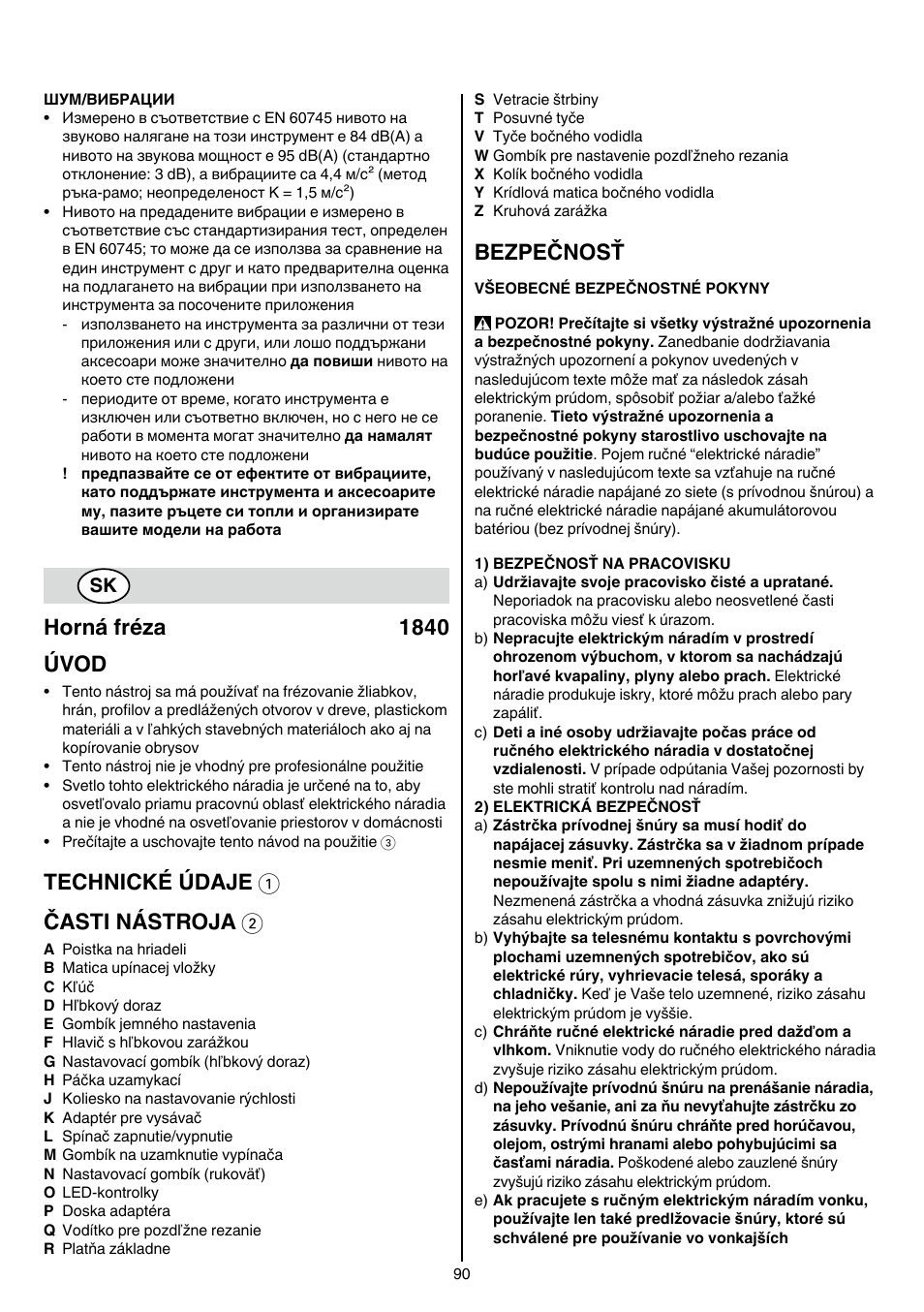 Horná fréza 1840 úvod, Technické údaje 1 časti nástroja 2, Bezpečnosť | Skil 1840 AD User Manual | Page 90 / 140