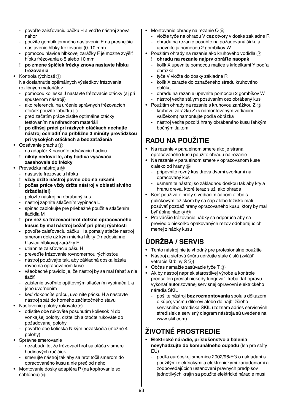 Radu na použitie, Údržba / servis, Životné prostredie | Skil 1840 AD User Manual | Page 93 / 140