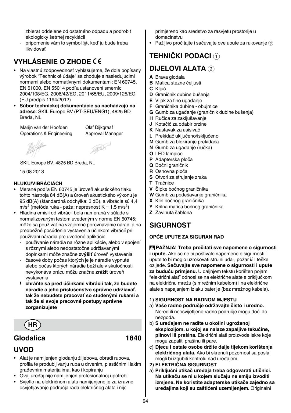 Vyhlásenie o zhode, Glodalica 1840 uvod, Tehnički podaci 1 dijelovi alata 2 | Sigurnost | Skil 1840 AD User Manual | Page 94 / 140
