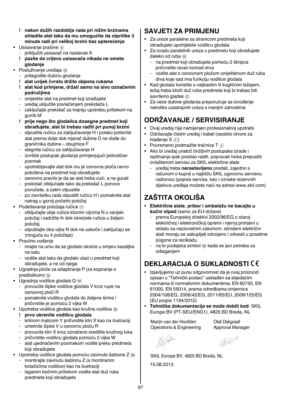 Savjeti za primjenu, Održavanje / servisiranje, Zaštita okoliša | Deklaracija o sukladnosti | Skil 1840 AD User Manual | Page 97 / 140