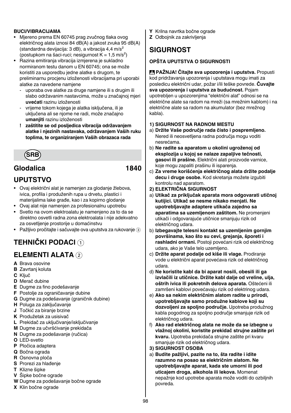 Glodalica 1840 uputstvo, Tehnički podaci 1 elementi alata 2, Sigurnost | Skil 1840 AD User Manual | Page 98 / 140