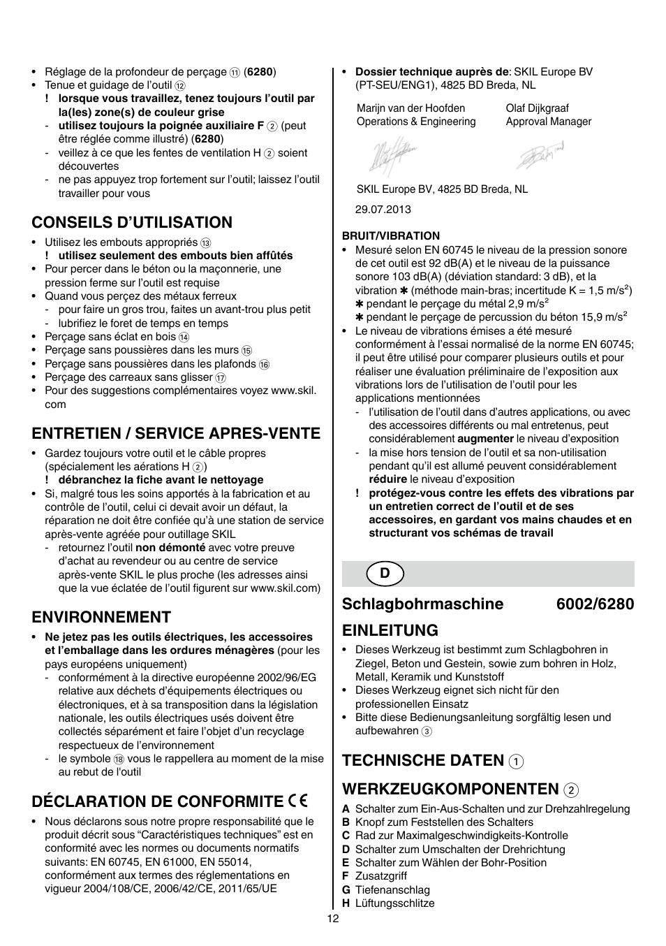 Conseils d’utilisation, Entretien / service apres-vente, Environnement | Déclaration de conformite, Technische daten 1 werkzeugkomponenten 2 | Skil 6002 (F0156002..) User Manual | Page 12 / 104