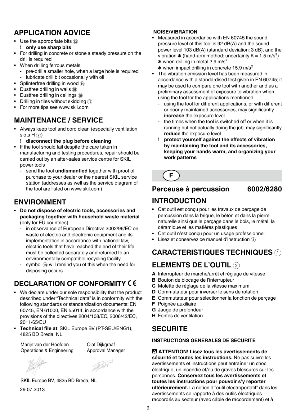 Application advice, Maintenance / service, Environment | Declaration of conformity, Securite | Skil 6002 (F0156002..) User Manual | Page 9 / 104